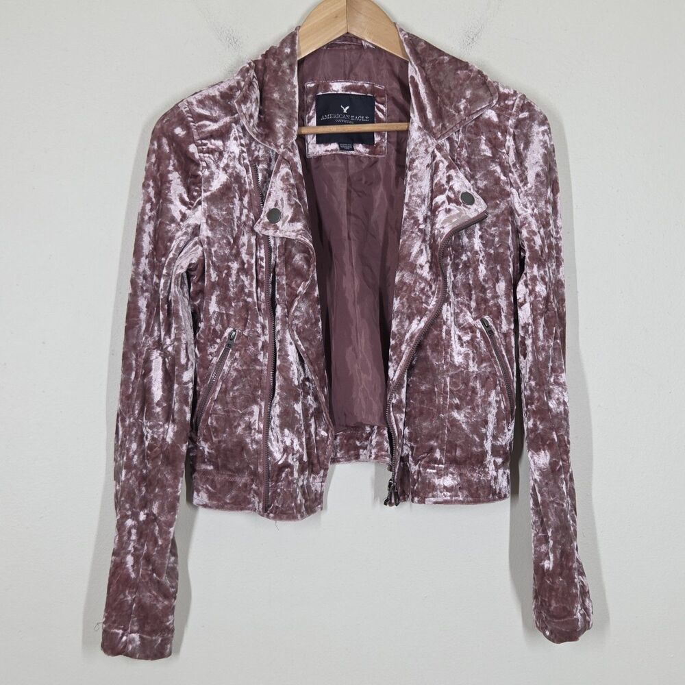 American Eagle Pink Crushed Velvet Moto Jacket XS Fairy Boho Biker Grunge Zip